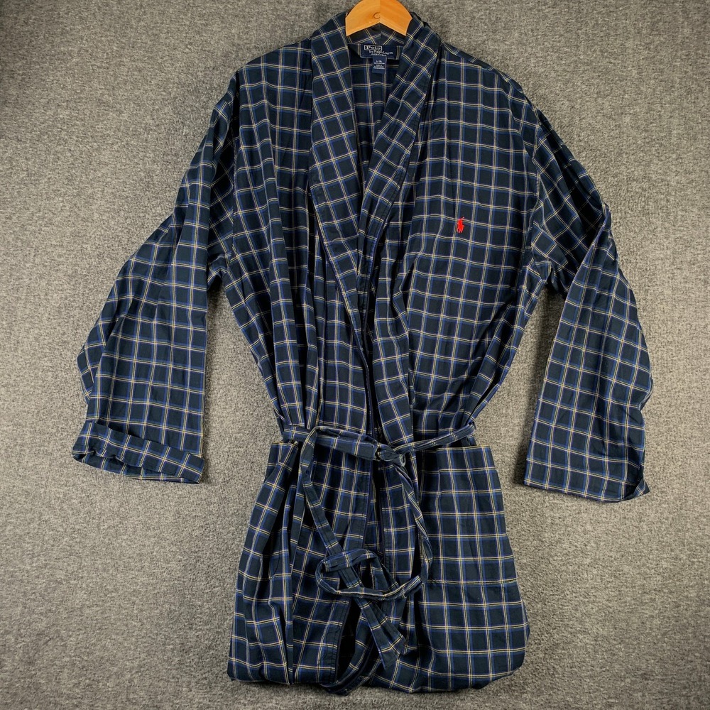 Vintage Polo Ralph Lauren Robe Men Large Navy Plaid 90s Sleepwear